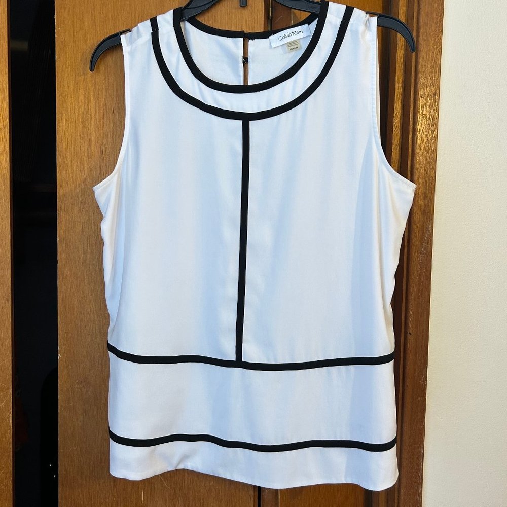 Calvin Klein White Sleeveless Top with Black Stripes